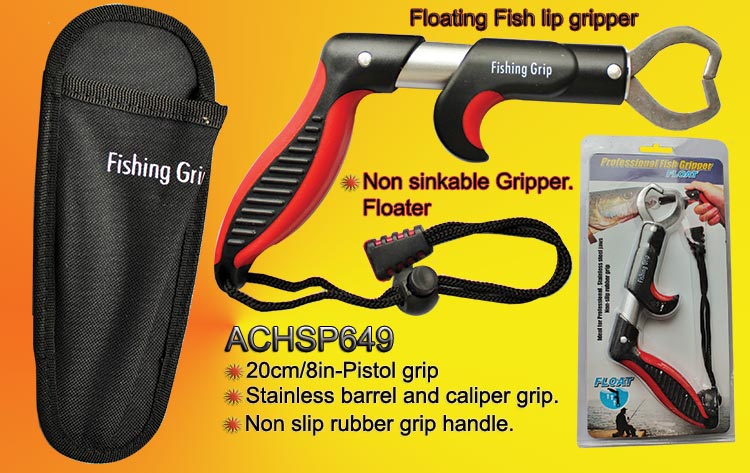 Fish lip gripper with fishing scale. Handy pistol grip fish gripper and arm  length gripper