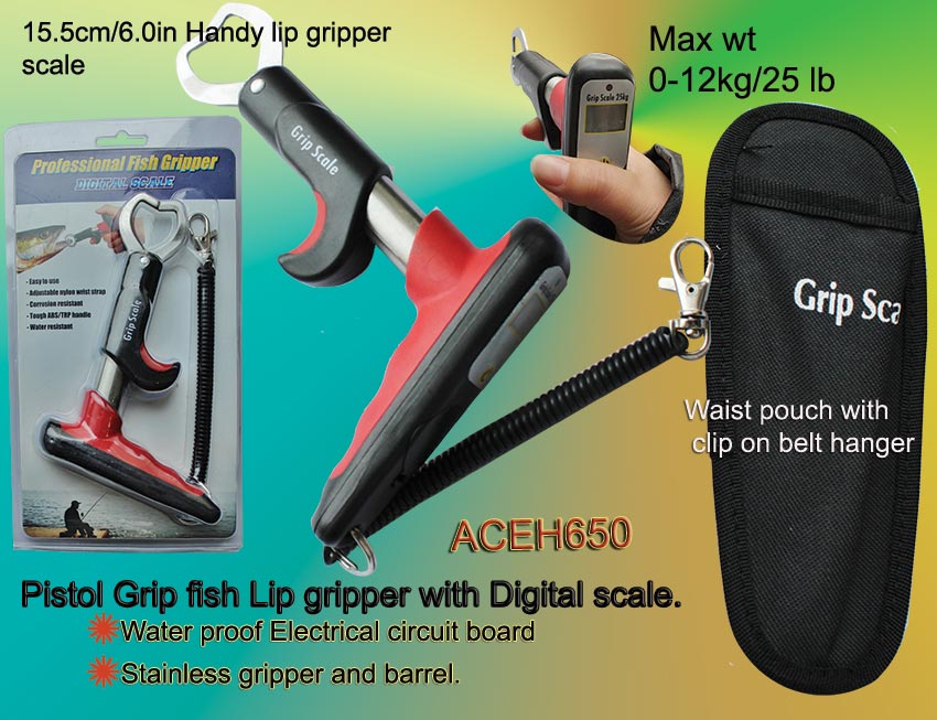 Fish lip gripper with fishing scale. Handy pistol grip fish gripper and arm  length gripper